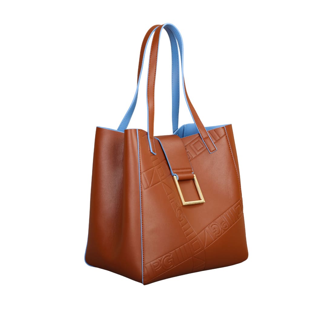 Bolsa de ombro feminina Orell Falésia, marrom com alças azuis, vista frontal, destacando o design premium e a capacidade para notebooks e documentos A4.