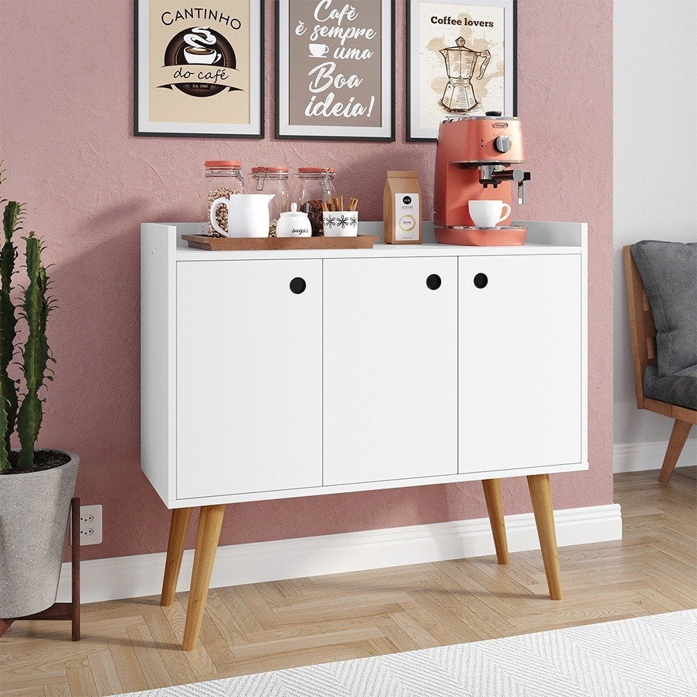 Aparador Buffet Wood Prime 3 Portas Cantinho Café Prateleira Organizadora Pés Palito Decoração Retrô – Branco – Rpm
