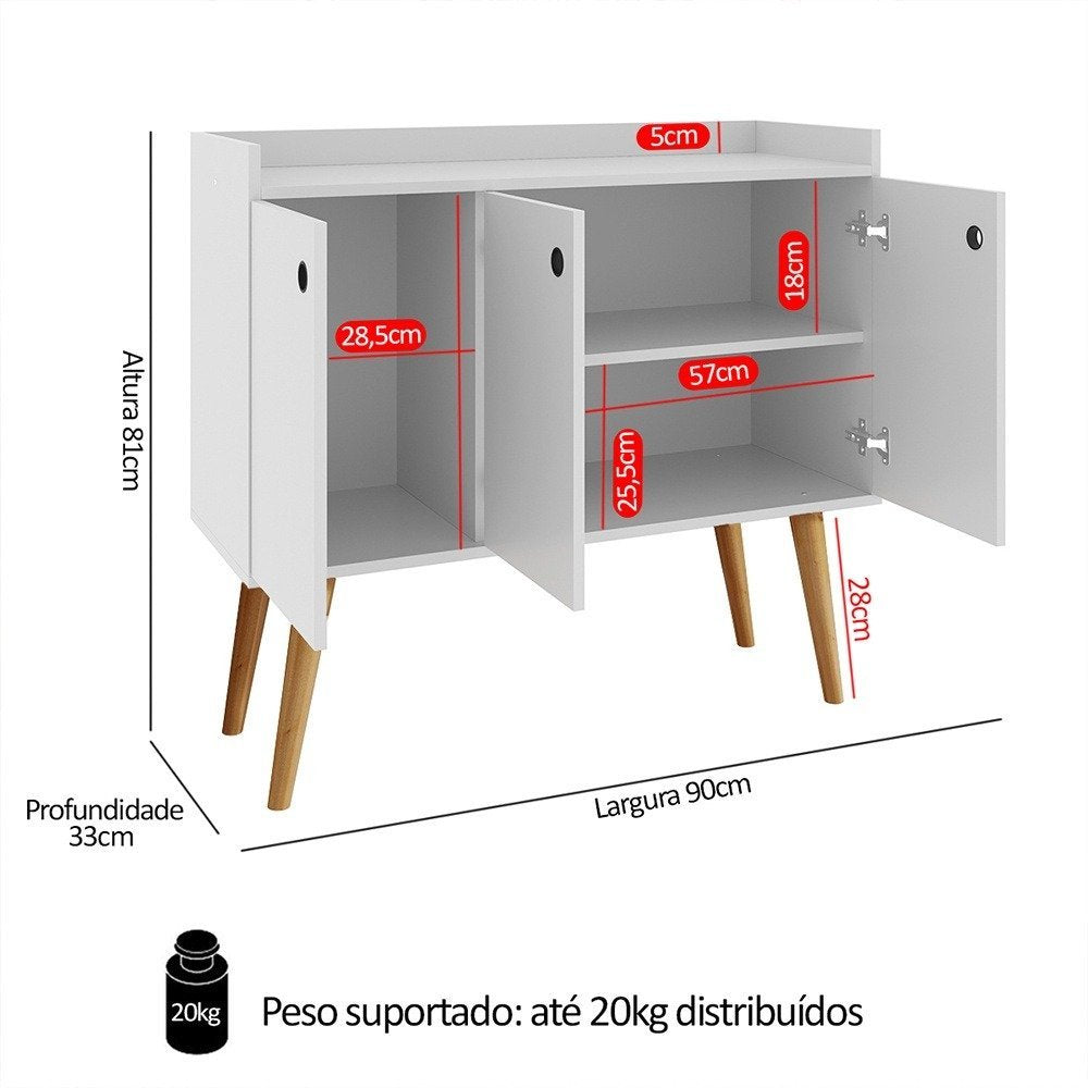 Aparador Buffet Wood Prime 3 Portas Cantinho Café Prateleira Organizadora Pés Palito Decoração Retrô – Branco – Rpm