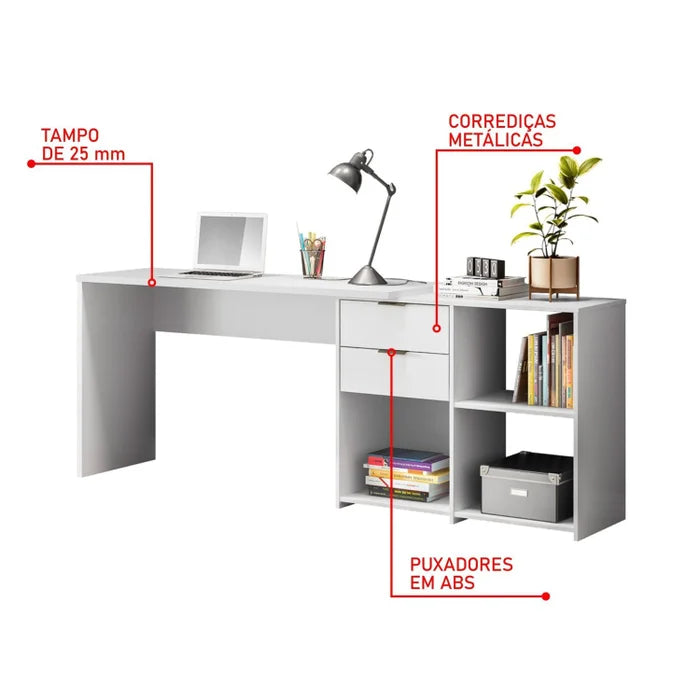 Mesa em L para Escritório com 2 Gavetas e 3 Nichos Grandes