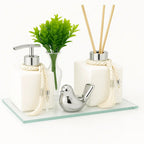 Kit Banheiro Lavabo Groover Difusor Aromatizador e Saboneteira Luxo C/ Bandeja Espelhada