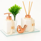Kit Banheiro Lavabo Groover Difusor Aromatizador e Saboneteira Luxo C/ Bandeja Espelhada