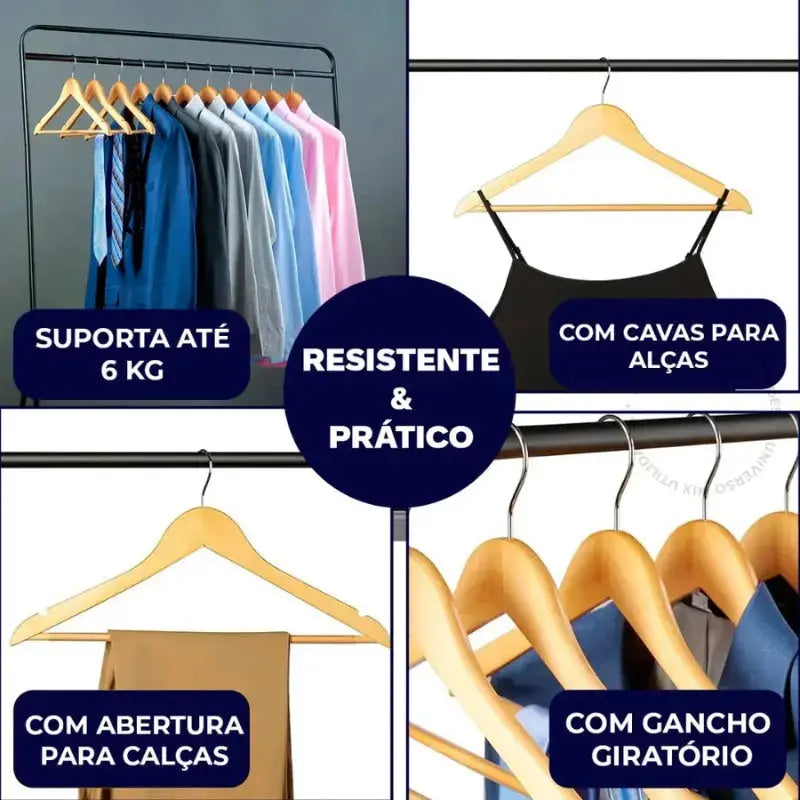 Kit Cabides de Madeira Marfim Premium com Gancho Giratório 360°