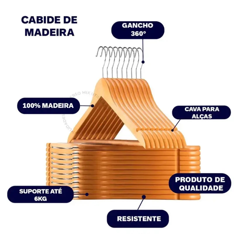 Kit Cabides de Madeira Marfim Premium com Gancho Giratório 360°