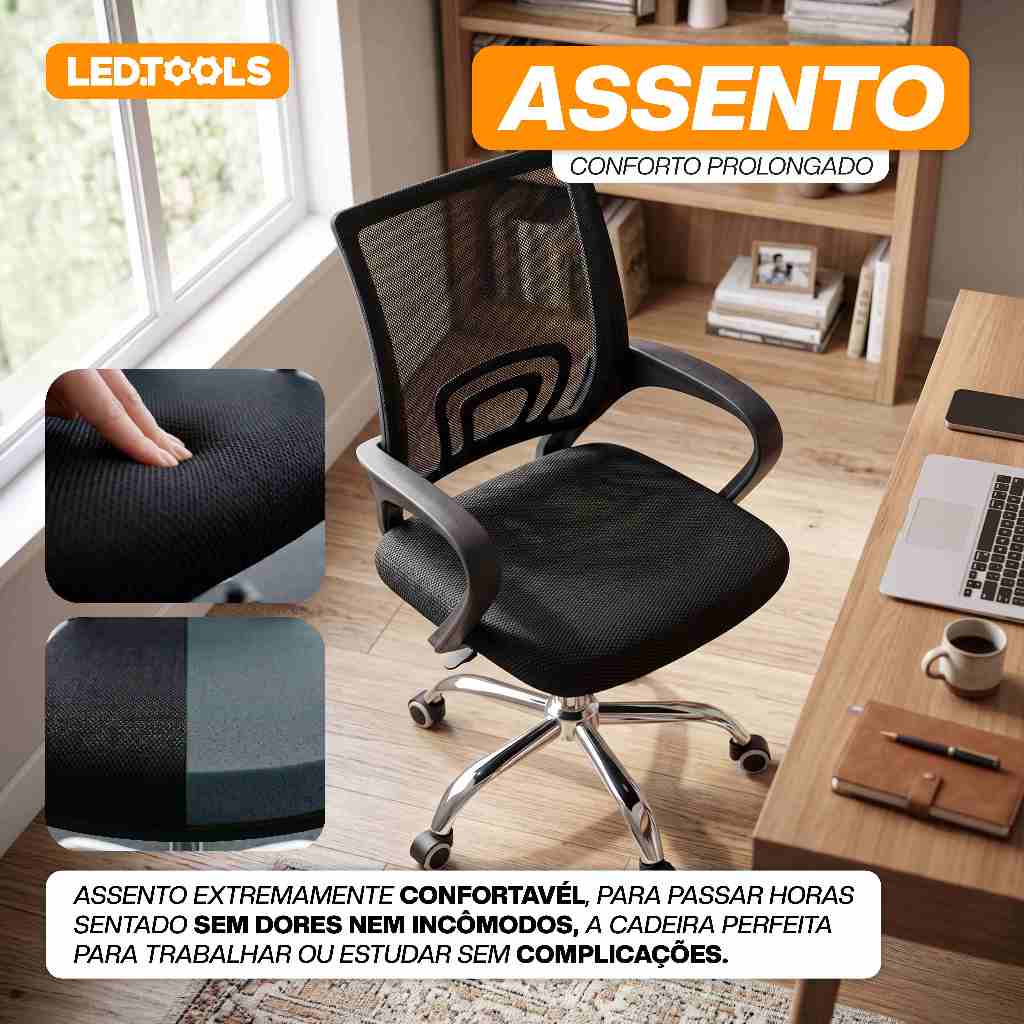 Kit 3 Cadeiras de Escritório Mesh Assento Estofado Base Giratória