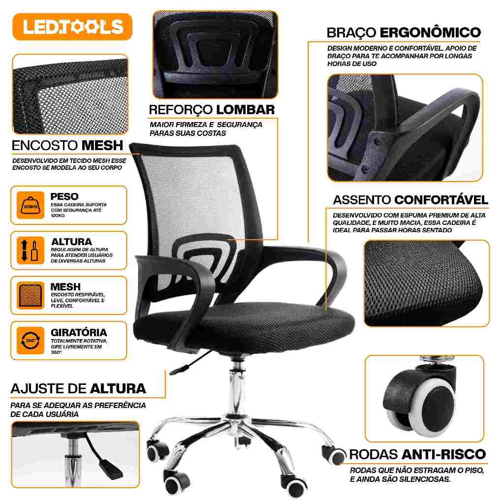 Kit 3 Cadeiras de Escritório Mesh Assento Estofado Base Giratória