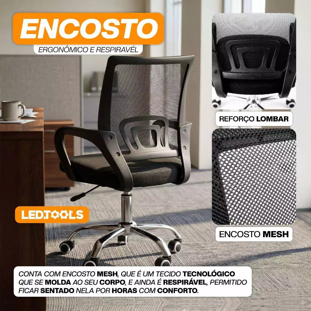 Kit 3 Cadeiras de Escritório Mesh Assento Estofado Base Giratória