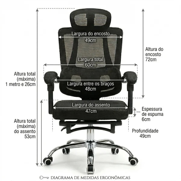 Cadeira Escritório Ergonômica Resistente Apoio Pés Retrátil Tela Mesh Encosto Ajustável Preto