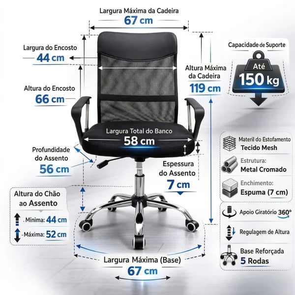 Cadeira Presidente Giratória Mesh Reforçada – Alta Resistência até 220 kg Preto