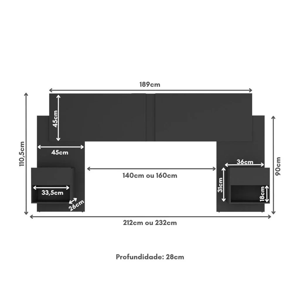 Cabeceira Extensível Casal/Queen com 2 Mesas de Cabeceira - 100% MDF [Kit Completo]