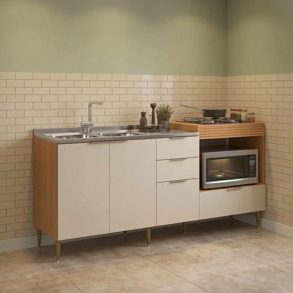 Balcão para Pia e Cooktop 4 Portas 2 Gavetas 190cm Alice Angelin e Off White Yescasa Angelin Premium/Off White
