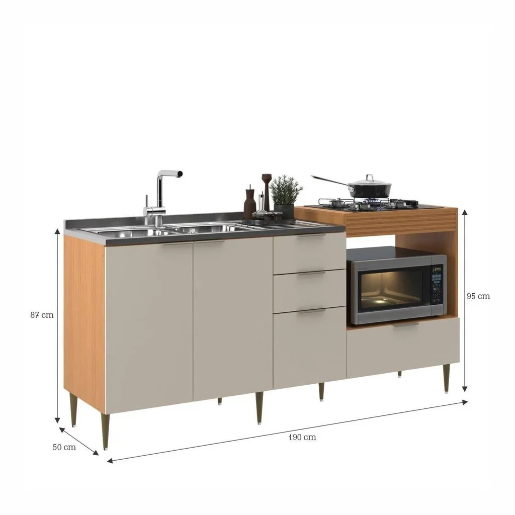 Balcão para Pia e Cooktop 4 Portas 2 Gavetas 190cm Alice Angelin e Off White Yescasa Angelin Premium/Off White