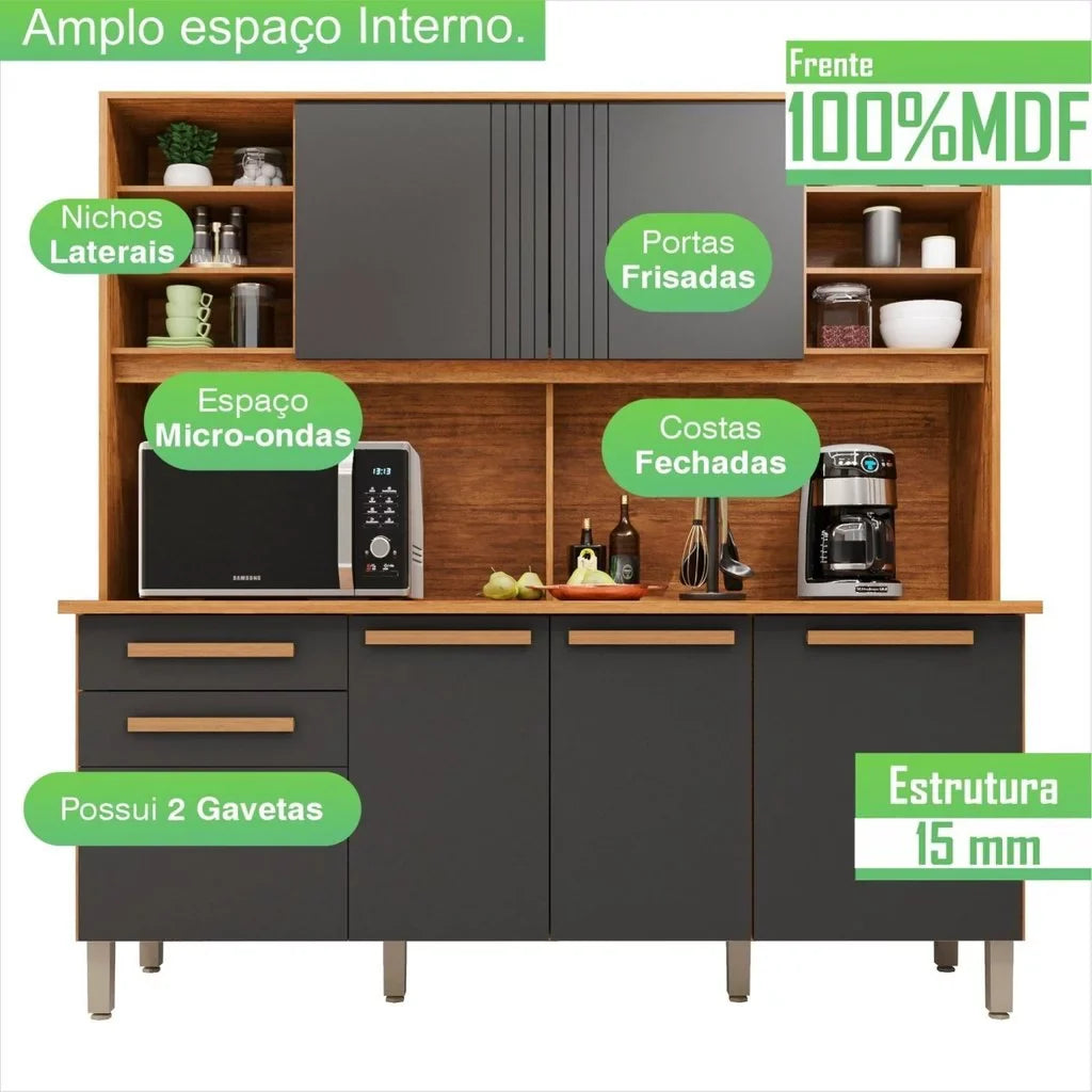 Armário de Cozinha 6 Portas 2 Gavetas Adelle Yescasa Cinamomo/Grafite